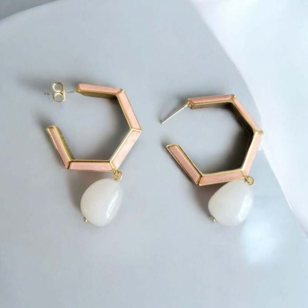 Pink and Quartz Hexagon Earrings